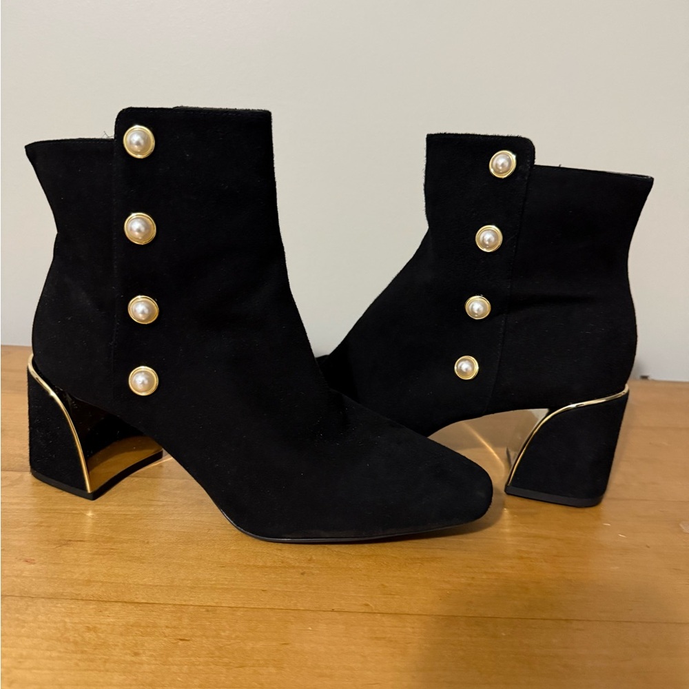 Alex Marie Elegant Black Ankle Boots with Pearl Buttons & Gold Accents